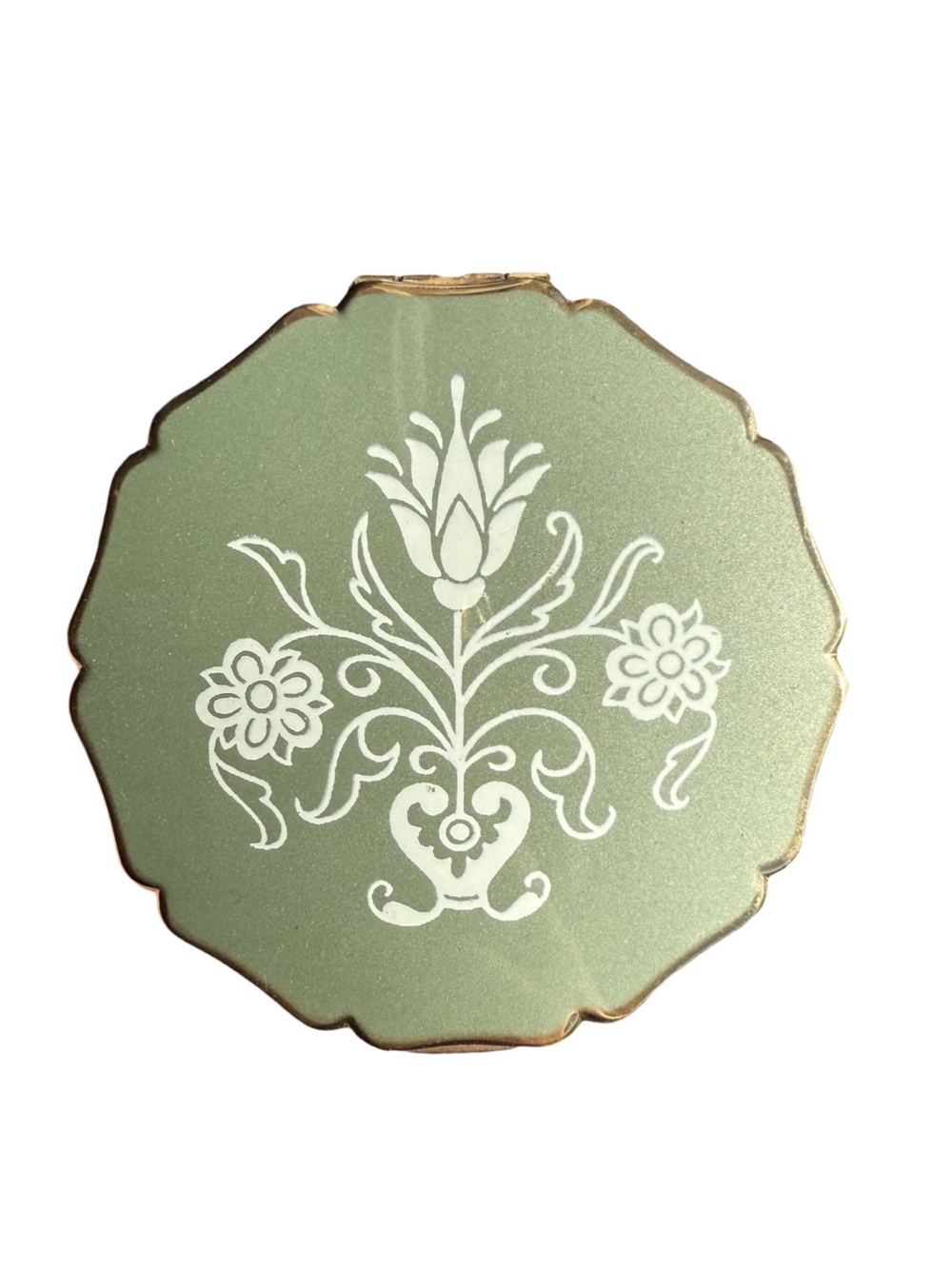 Vintage Mid Century Stratton Sage Green Guilloché Floral Scalloped Edge Compact